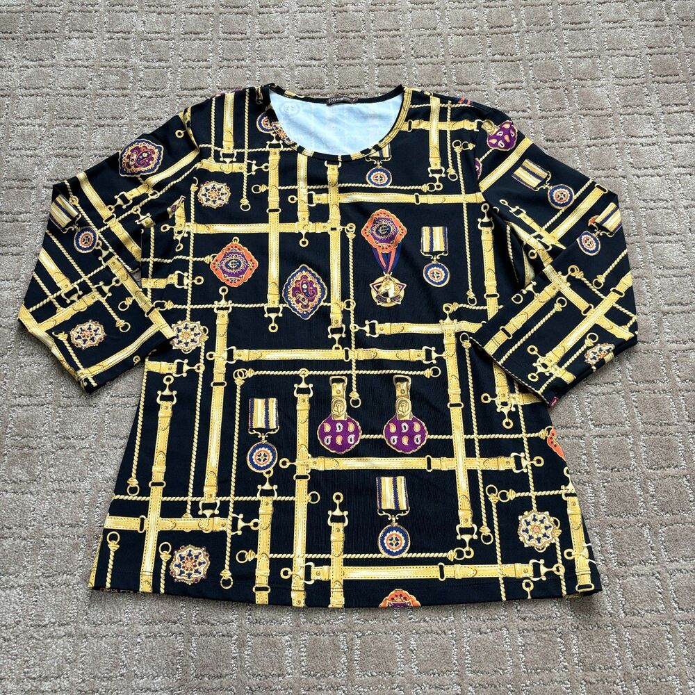 J. McLaughlin Equestrian Medals Shirt Women's M Black Horse Bit Catalina Cloth
